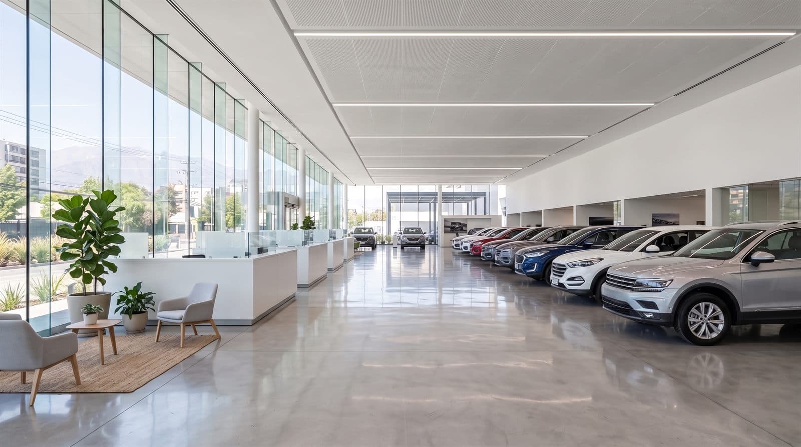 Salón de ventas de una automotora, con autos alineados junto a un ventanal y sala de atención.